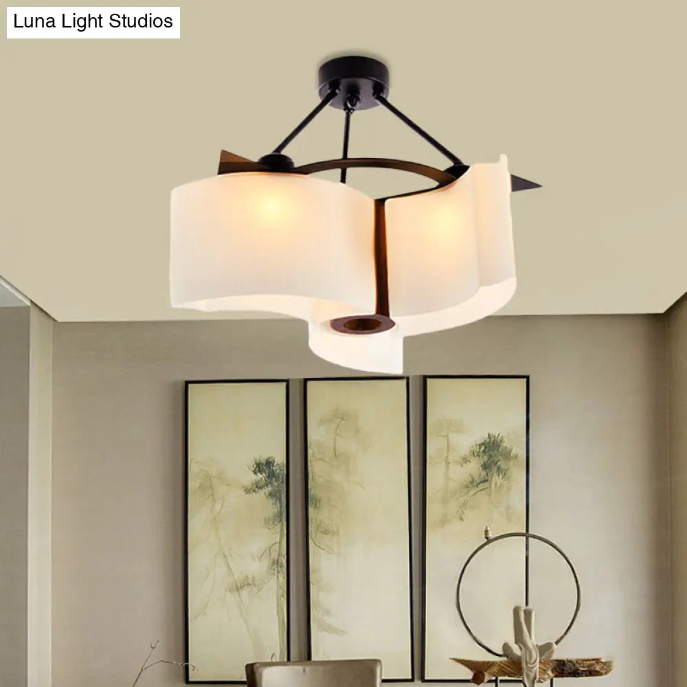 Semi Flush Ceiling Light: 3-Light Twisted Shade With Classic White Glass & Wood Design