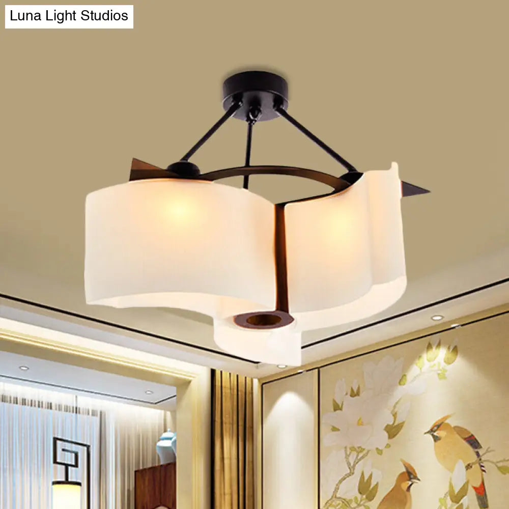 Semi Flush Ceiling Light: 3-Light Twisted Shade With Classic White Glass & Wood Design / B