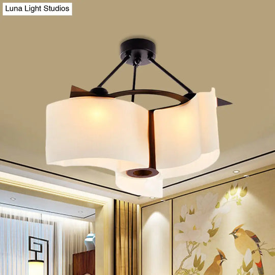 Semi Flush Ceiling Light: 3-Light Twisted Shade With Classic White Glass & Wood Design / B