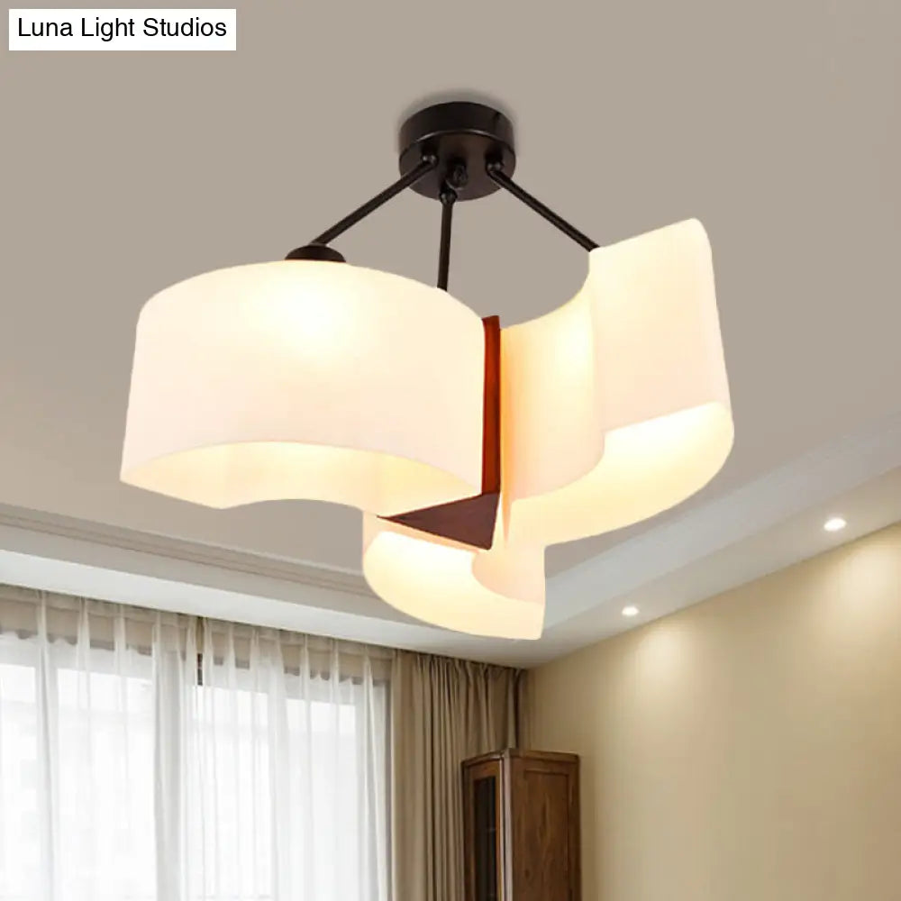 Semi Flush Ceiling Light: 3-Light Twisted Shade With Classic White Glass & Wood Design / A