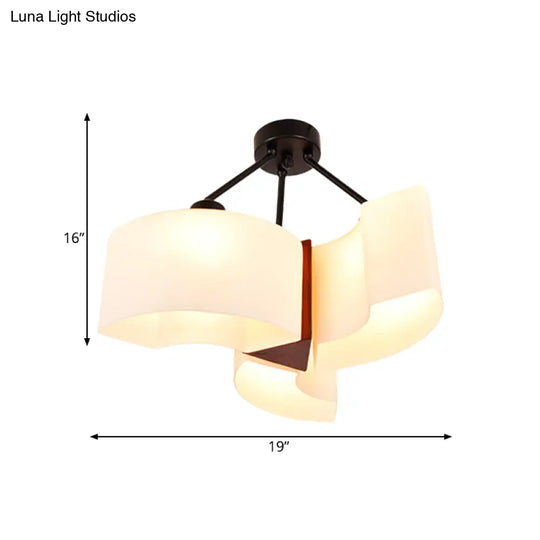 Semi Flush Ceiling Light: 3-Light Twisted Shade With Classic White Glass & Wood Design