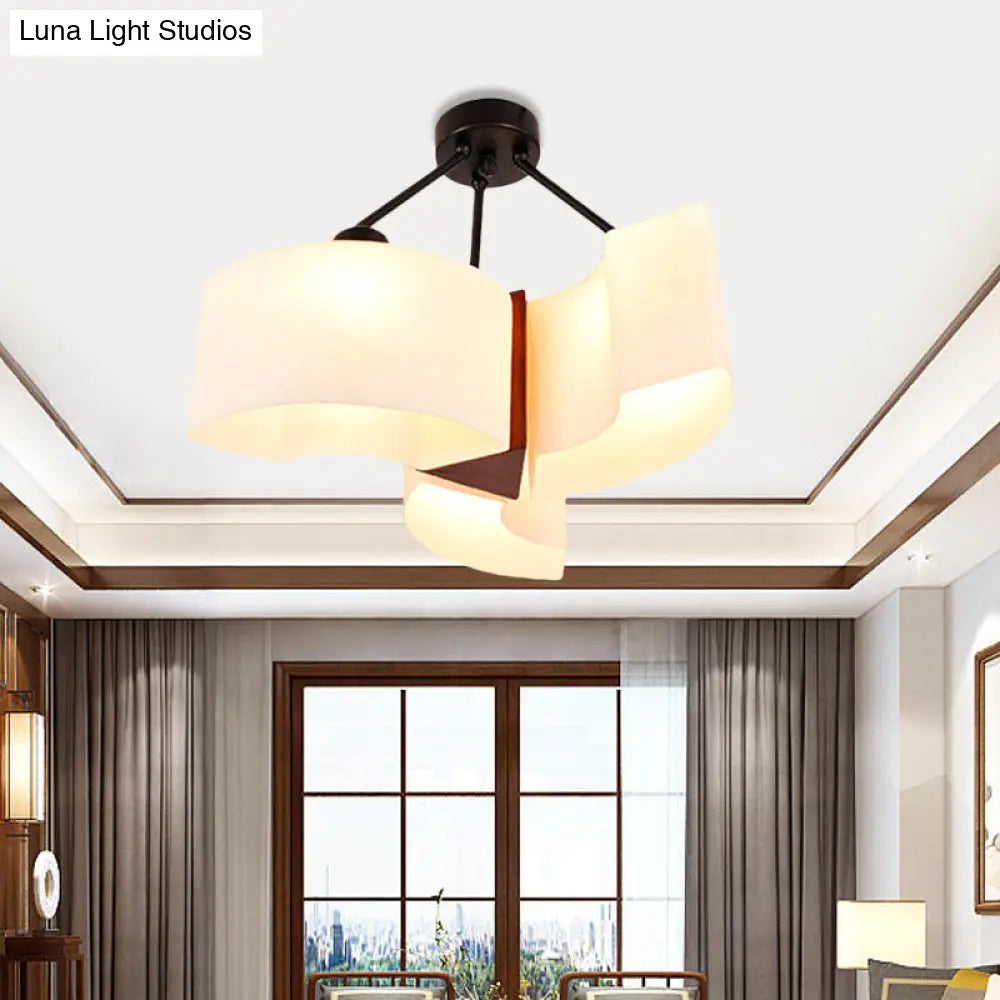 Semi Flush Ceiling Light: 3-Light Twisted Shade With Classic White Glass & Wood Design