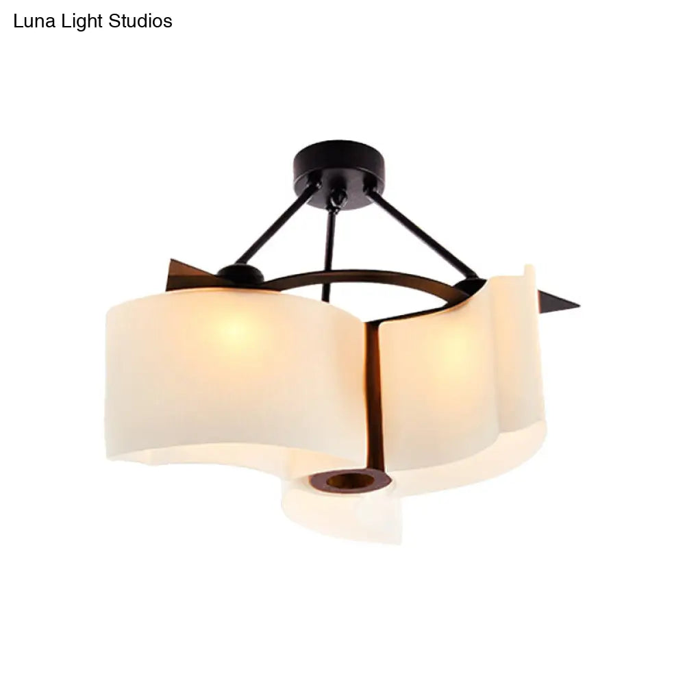 Semi Flush Ceiling Light: 3-Light Twisted Shade With Classic White Glass & Wood Design