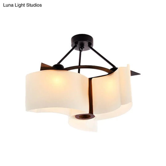 Semi Flush Ceiling Light: 3-Light Twisted Shade With Classic White Glass & Wood Design