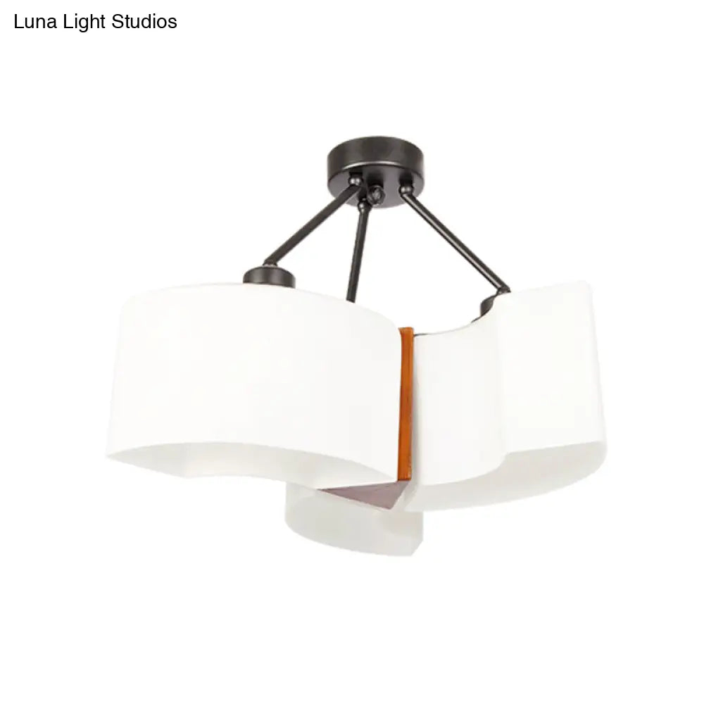 Semi Flush Ceiling Light: 3-Light Twisted Shade With Classic White Glass & Wood Design