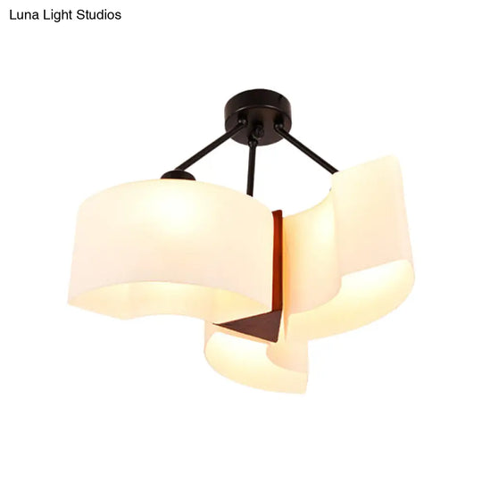 Semi Flush Ceiling Light: 3-Light Twisted Shade With Classic White Glass & Wood Design