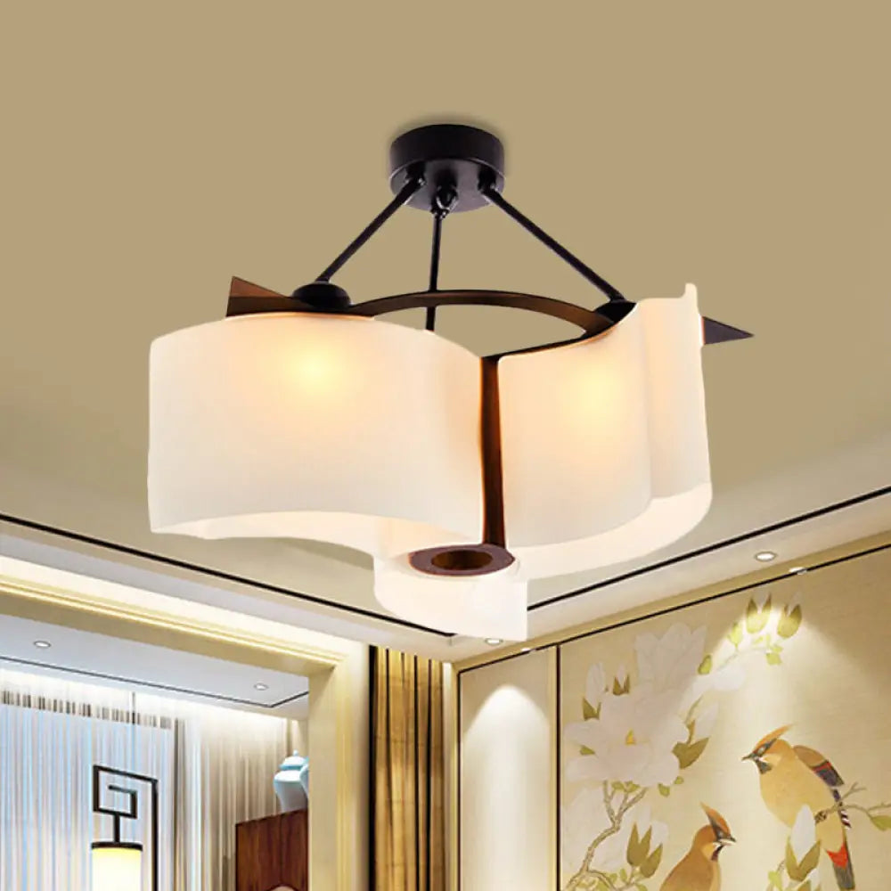 Semi Flush Ceiling Light: 3-Light Twisted Shade With Classic White Glass & Wood Design / B