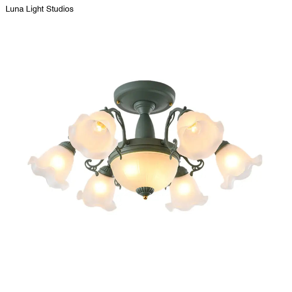 Semi Flush Chandelier - Korean Garden Parlor Ceiling Light With Rotating Bell Frosted Glass Shade