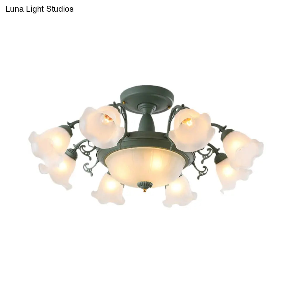 Semi Flush Chandelier - Korean Garden Parlor Ceiling Light With Rotating Bell Frosted Glass Shade