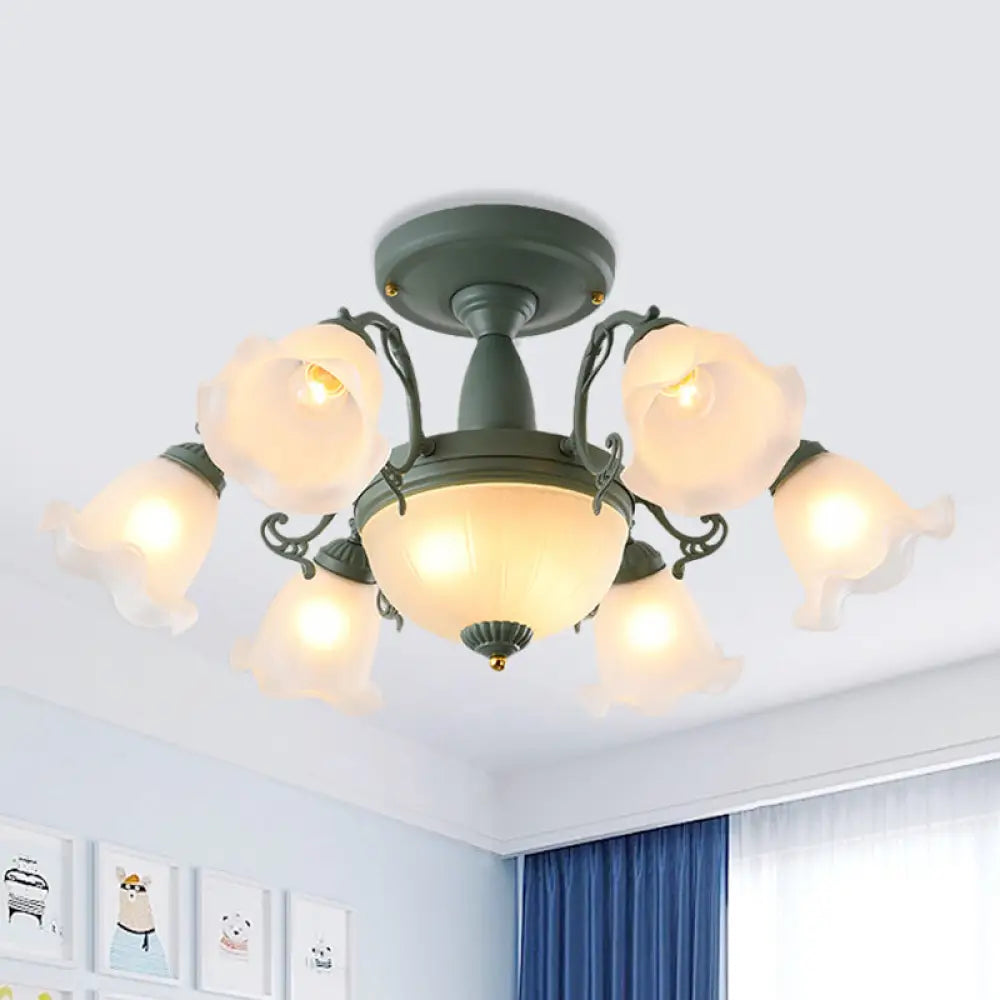Semi Flush Chandelier - Korean Garden Parlor Ceiling Light With Rotating Bell Frosted Glass Shade