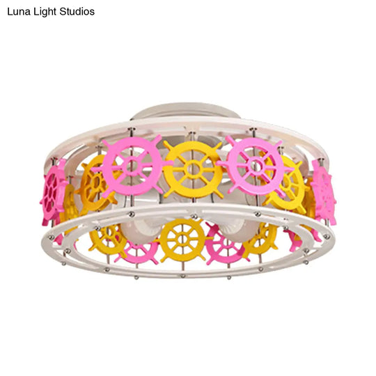 Semi Flush Elephant/Boat/Rudder Lamp With Drum Design For Kids - 5 - Light Wood Fixture In