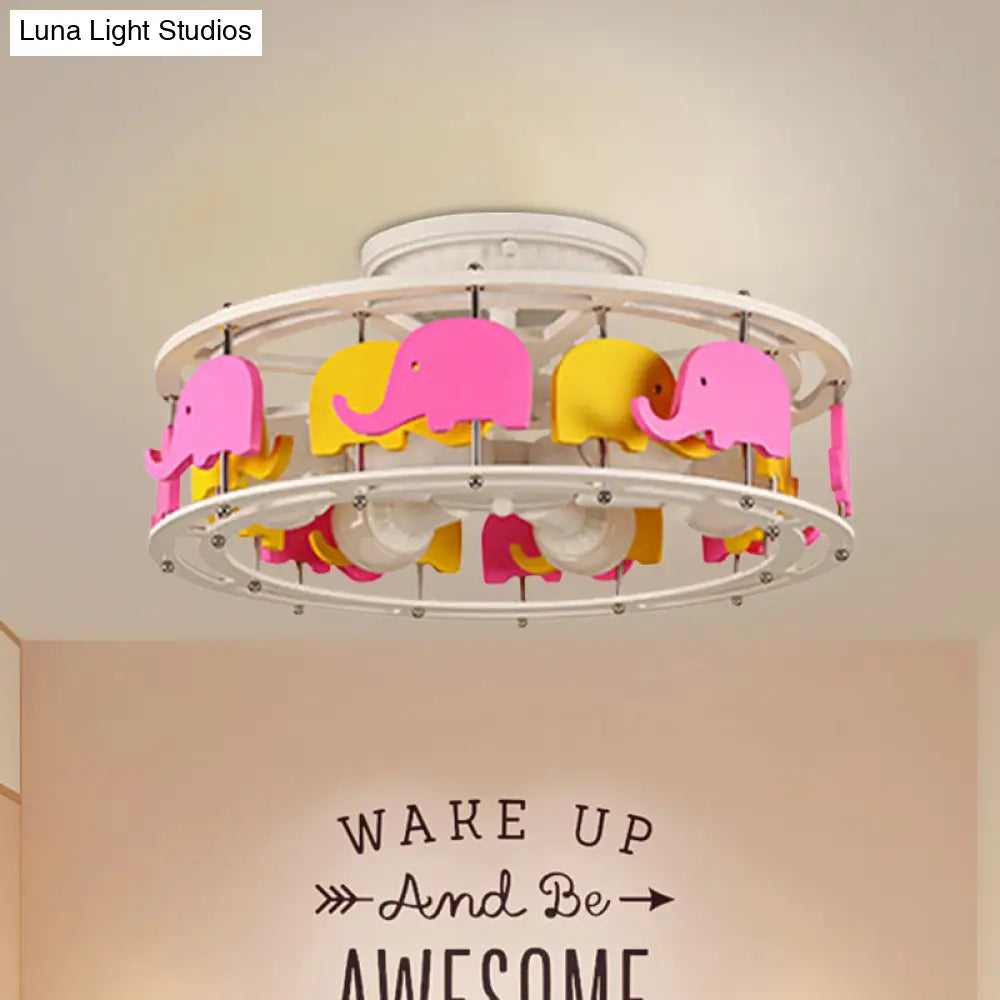 Semi Flush Elephant/Boat/Rudder Lamp With Drum Design For Kids - 5 - Light Wood Fixture In