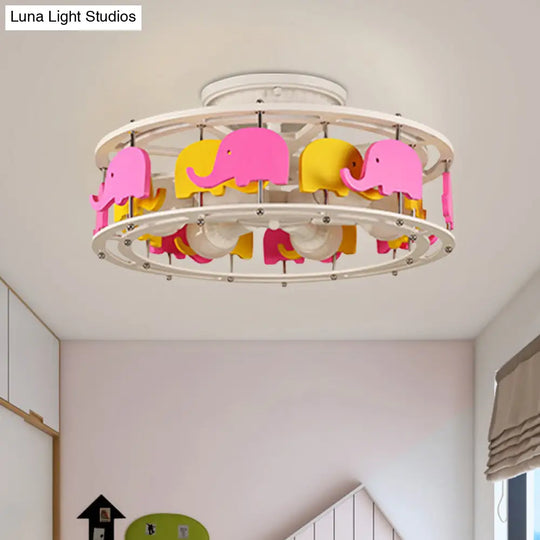 Semi Flush Elephant/Boat/Rudder Lamp With Drum Design For Kids - 5 - Light Wood Fixture In