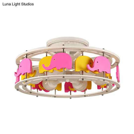 Semi Flush Elephant/Boat/Rudder Lamp With Drum Design For Kids - 5-Light Wood Fixture In Pink/Yellow