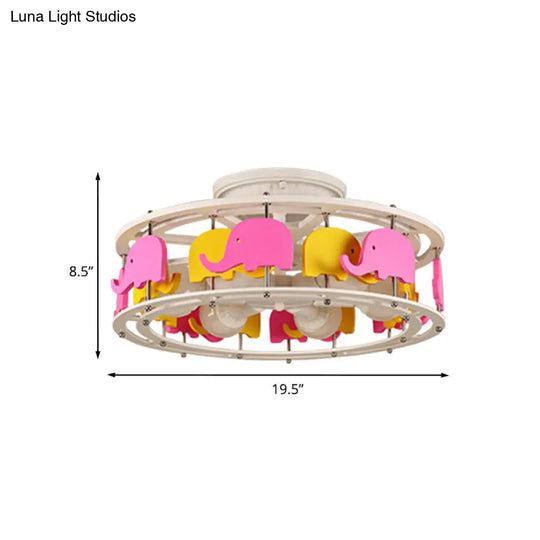 Semi Flush Elephant/Boat/Rudder Lamp With Drum Design For Kids - 5-Light Wood Fixture In Pink/Yellow