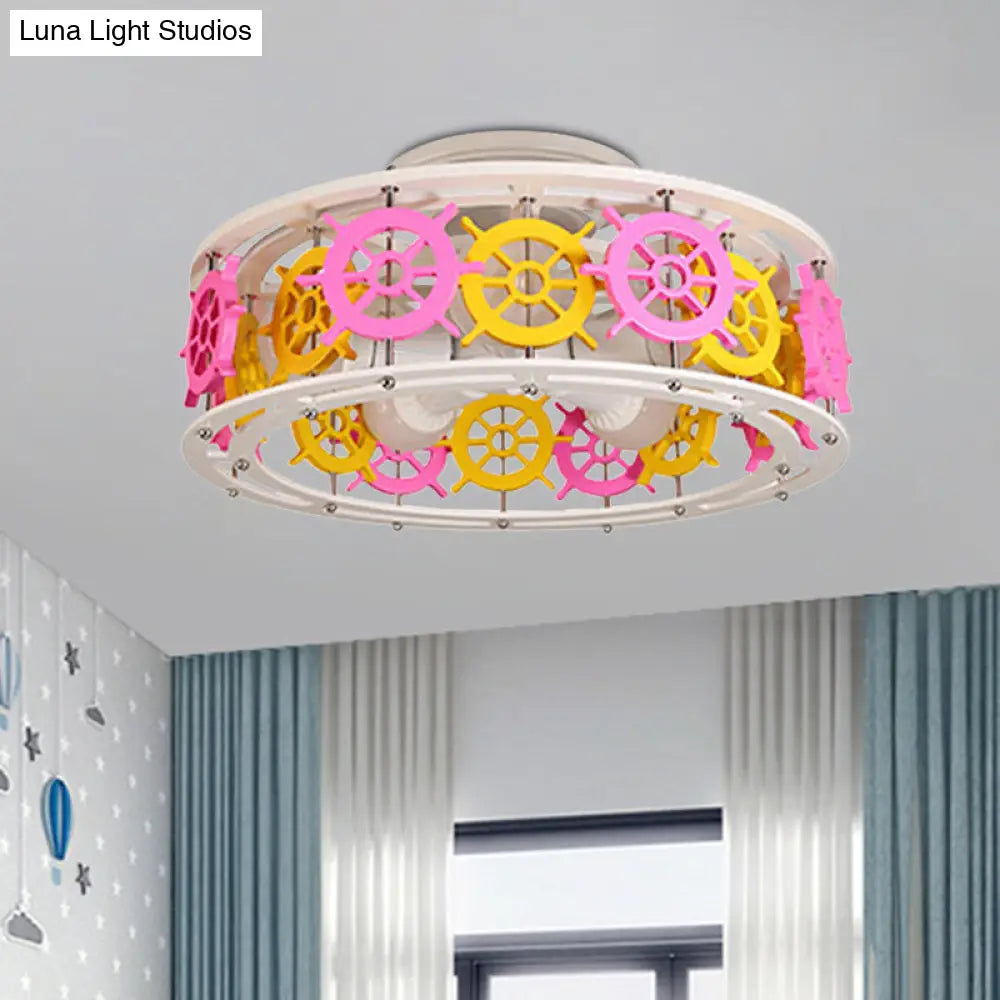 Semi Flush Elephant/Boat/Rudder Lamp With Drum Design For Kids - 5-Light Wood Fixture In Pink/Yellow
