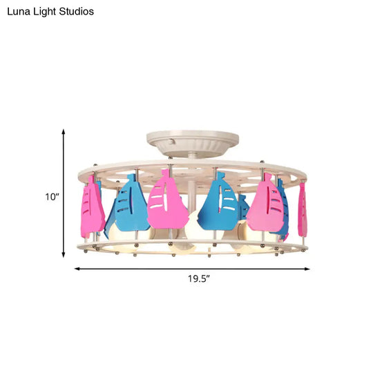 Semi Flush Elephant/Boat/Rudder Lamp With Drum Design For Kids - 5-Light Wood Fixture In Pink/Yellow