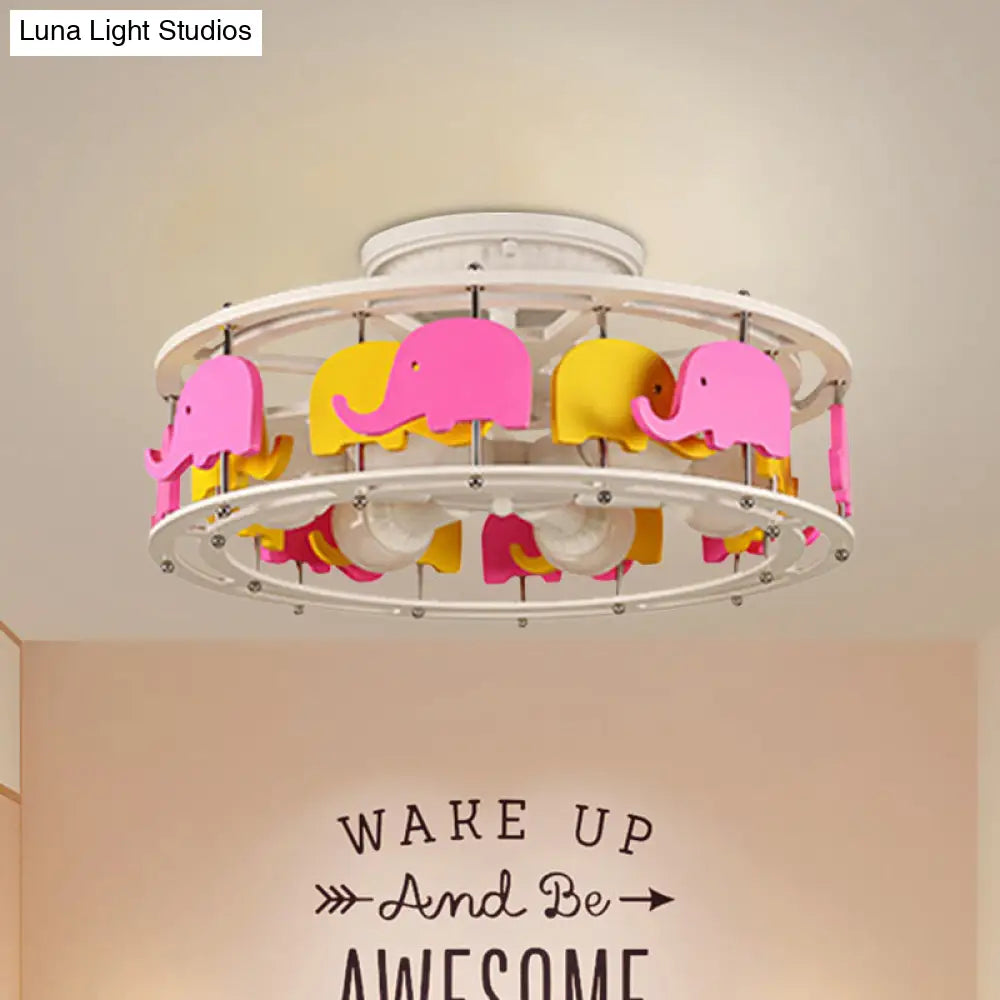 Semi Flush Elephant/Boat/Rudder Lamp With Drum Design For Kids - 5-Light Wood Fixture In Pink/Yellow