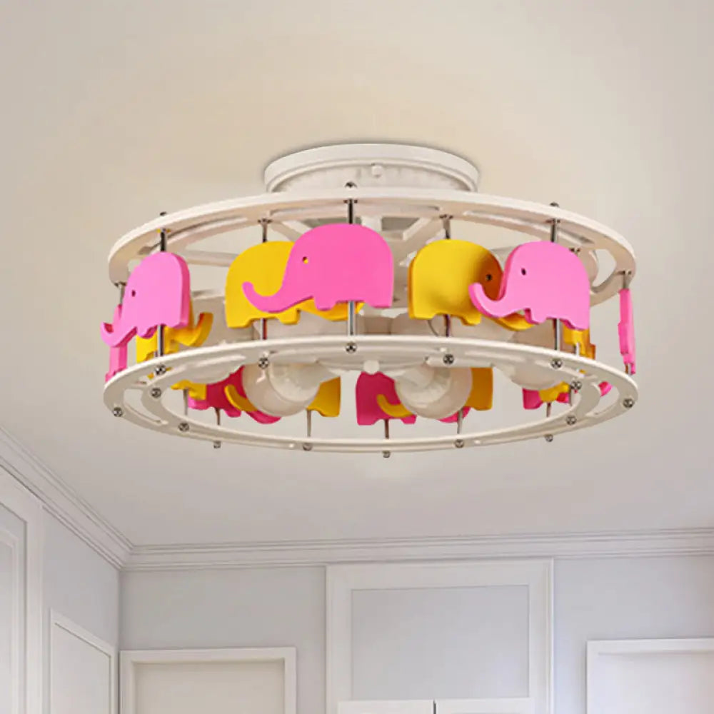 Semi Flush Elephant/Boat/Rudder Lamp With Drum Design For Kids - 5 - Light Wood Fixture In