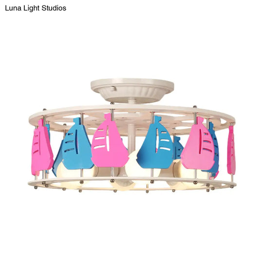 Semi Flush Elephant/Boat/Rudder Lamp With Drum Design For Kids - 5 - Light Wood Fixture In