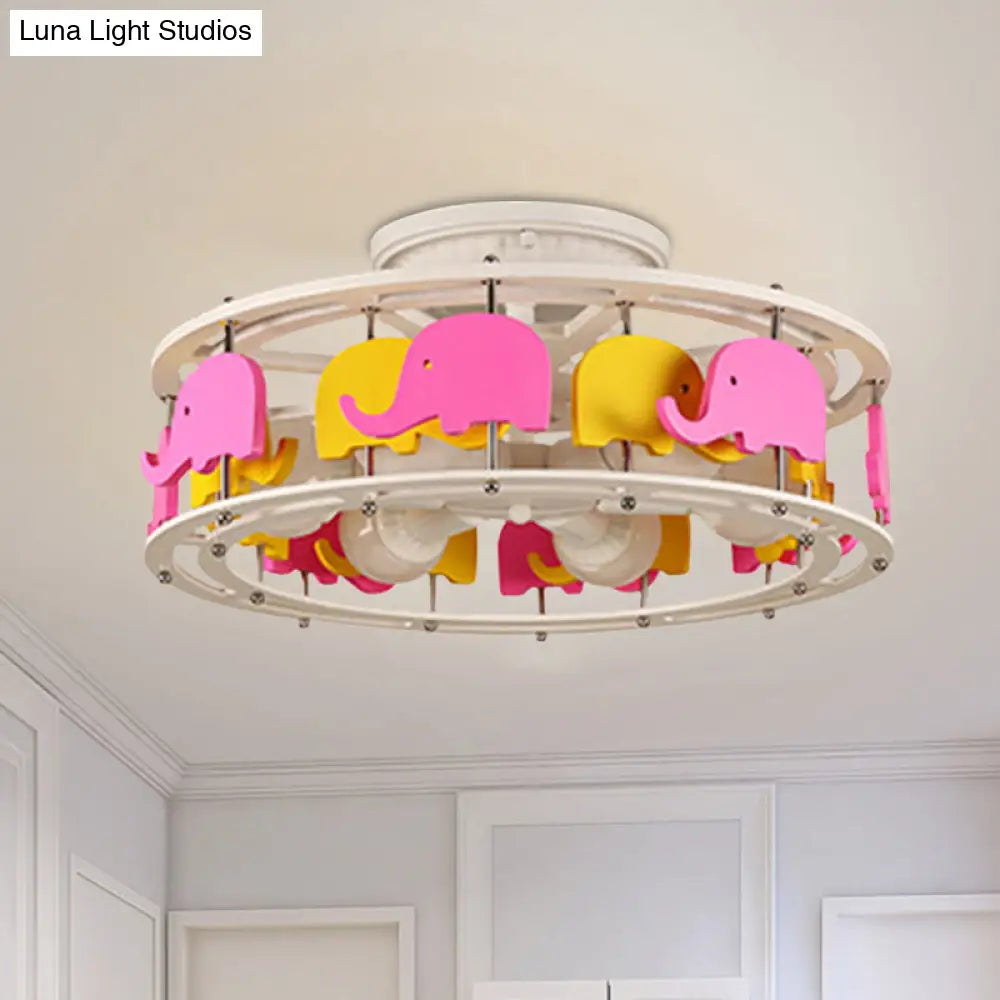 Semi Flush Elephant/Boat/Rudder Lamp With Drum Design For Kids - 5-Light Wood Fixture In Pink/Yellow