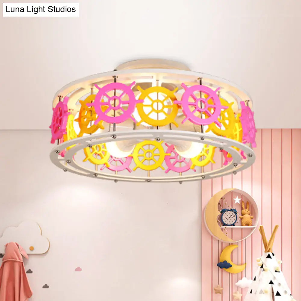 Semi Flush Elephant/Boat/Rudder Lamp With Drum Design For Kids - 5-Light Wood Fixture In Pink/Yellow