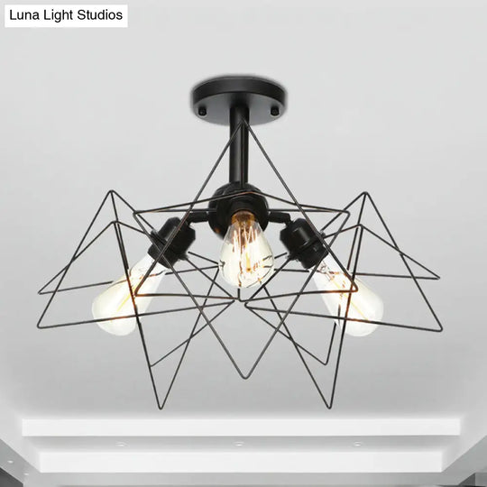 Semi Flush Industrial Black Ceiling Lighting For Living Room - 3 Heads With Wire Cage Metal Shade