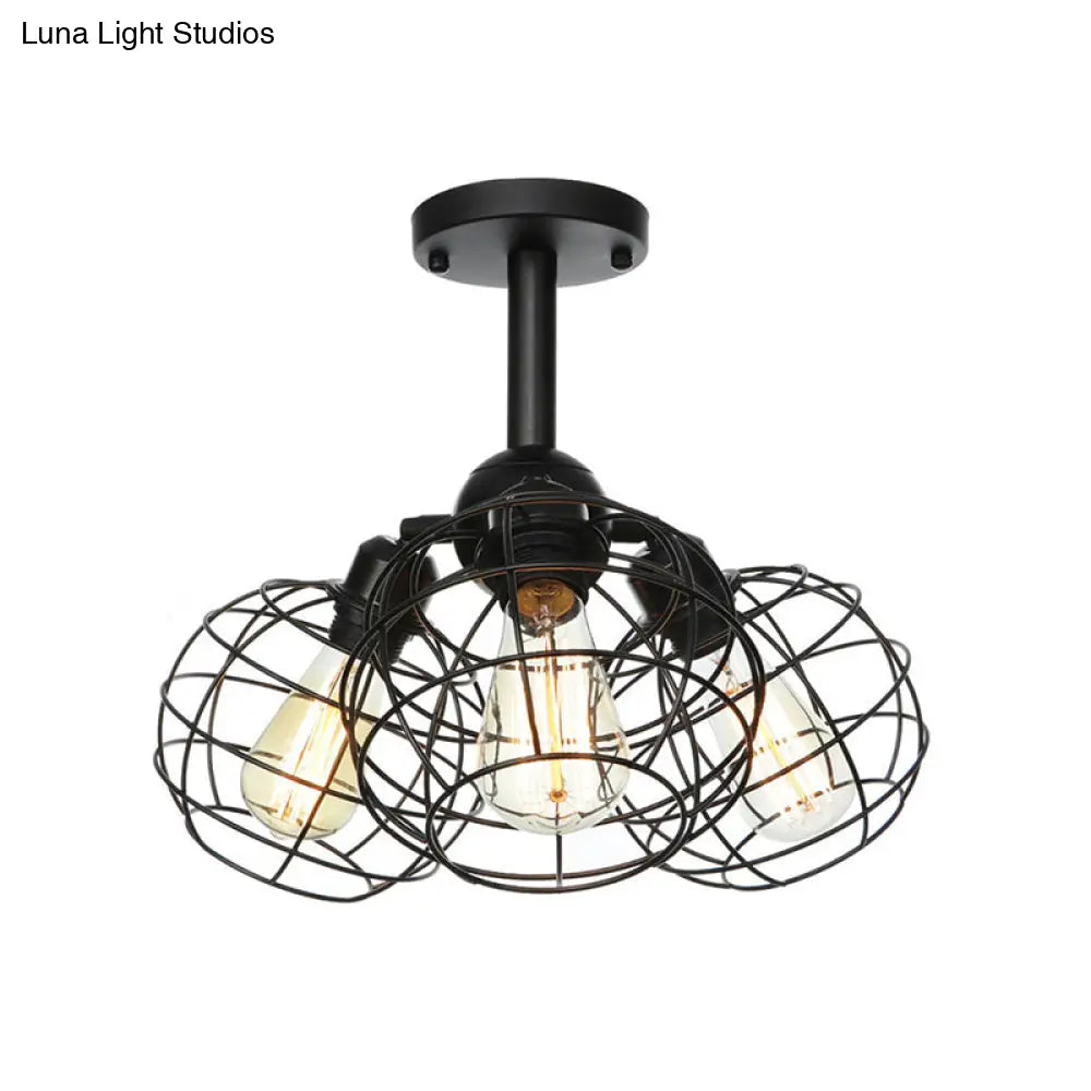 Semi Flush Industrial Black Ceiling Lighting For Living Room - 3 Heads With Wire Cage Metal Shade