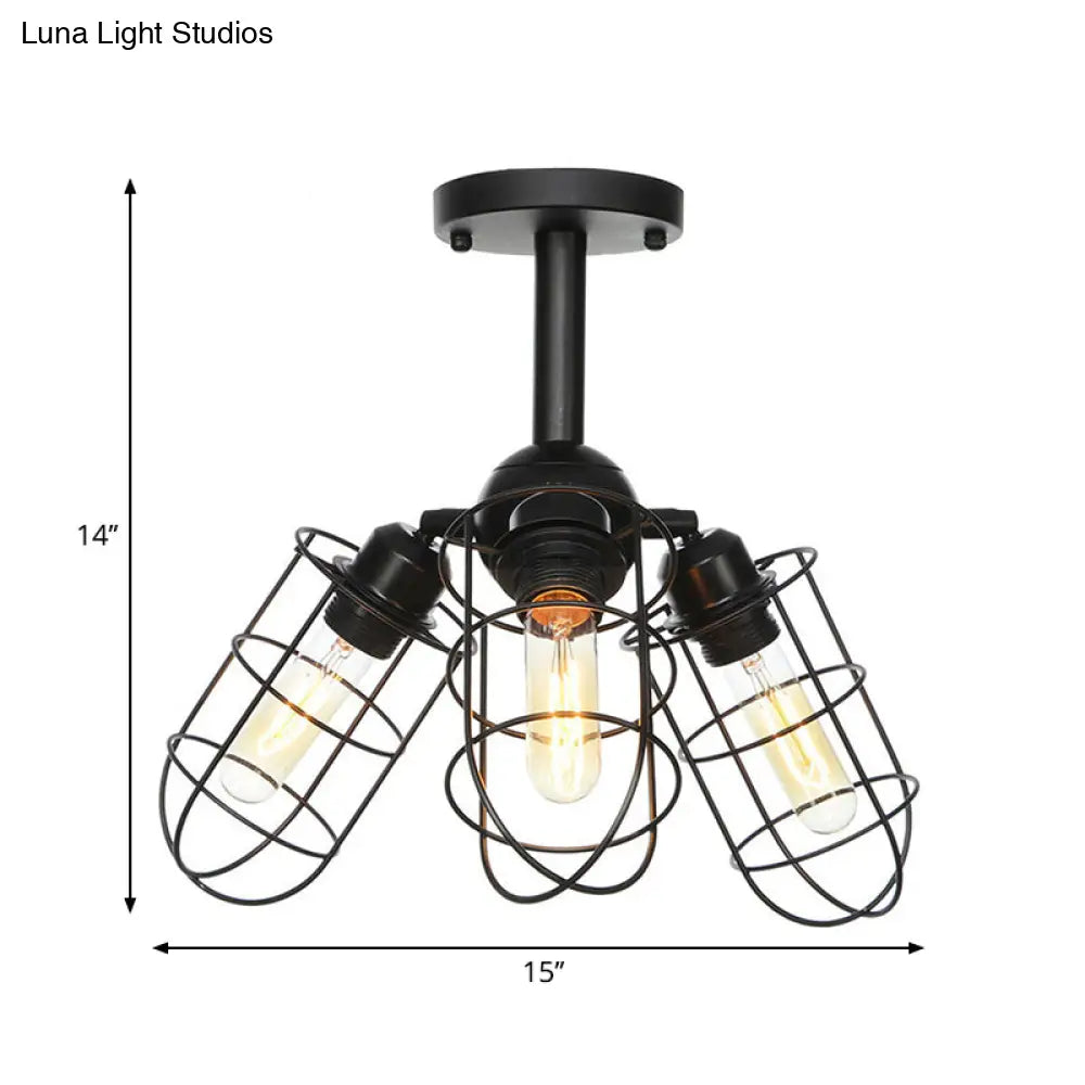 Semi Flush Industrial Black Ceiling Lighting For Living Room - 3 Heads With Wire Cage Metal Shade