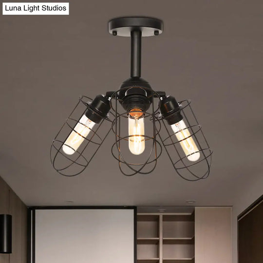 Semi Flush Industrial Black Ceiling Lighting For Living Room - 3 Heads With Wire Cage Metal Shade