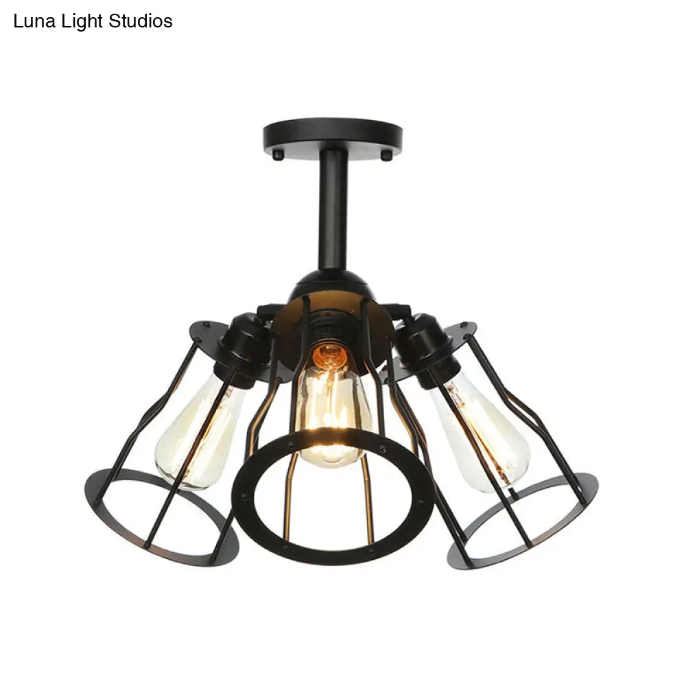 Semi Flush Industrial Black Ceiling Lighting For Living Room - 3 Heads With Wire Cage Metal Shade