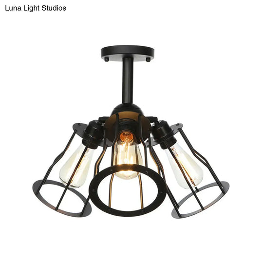 Semi Flush Industrial Black Ceiling Lighting For Living Room - 3 Heads With Wire Cage Metal Shade