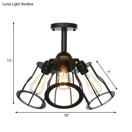 Semi Flush Industrial Black Ceiling Lighting For Living Room - 3 Heads With Wire Cage Metal Shade