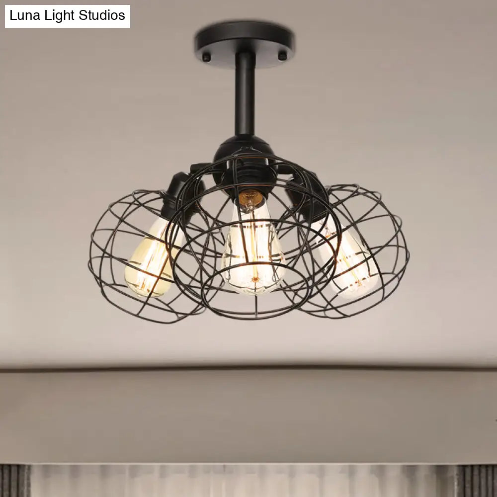 Semi Flush Industrial Black Ceiling Lighting For Living Room - 3 Heads With Wire Cage Metal Shade