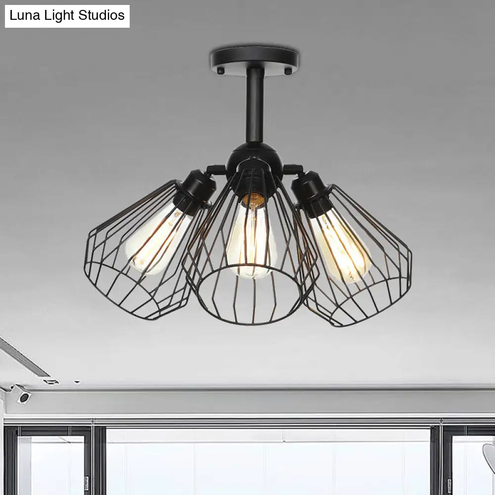 Semi Flush Industrial Black Ceiling Lighting For Living Room - 3 Heads With Wire Cage Metal Shade