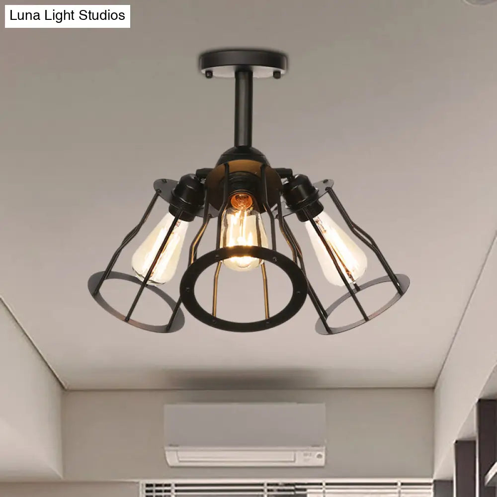 Semi Flush Industrial Black Ceiling Lighting For Living Room - 3 Heads With Wire Cage Metal Shade