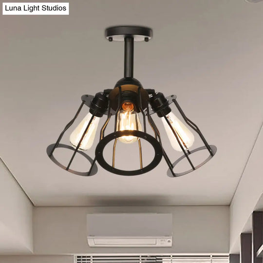 Semi Flush Industrial Black Ceiling Lighting For Living Room - 3 Heads With Wire Cage Metal Shade