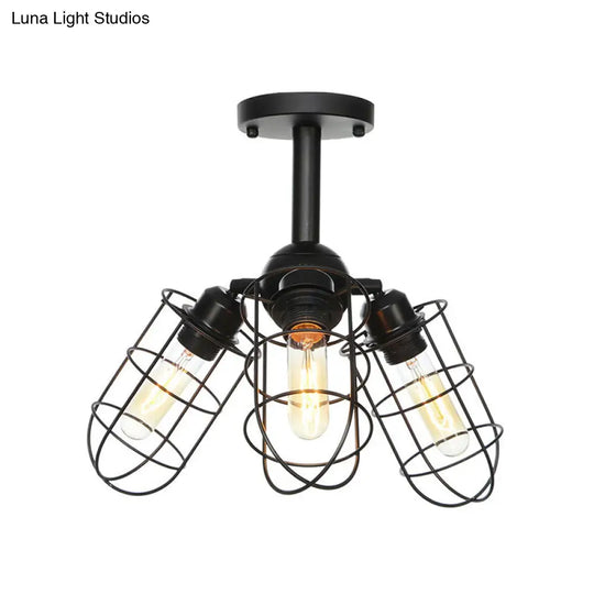 Semi Flush Industrial Black Ceiling Lighting For Living Room - 3 Heads With Wire Cage Metal Shade