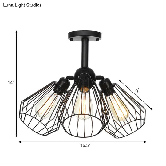 Semi Flush Industrial Black Ceiling Lighting For Living Room - 3 Heads With Wire Cage Metal Shade