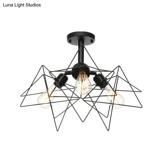 Semi Flush Industrial Black Ceiling Lighting For Living Room - 3 Heads With Wire Cage Metal Shade