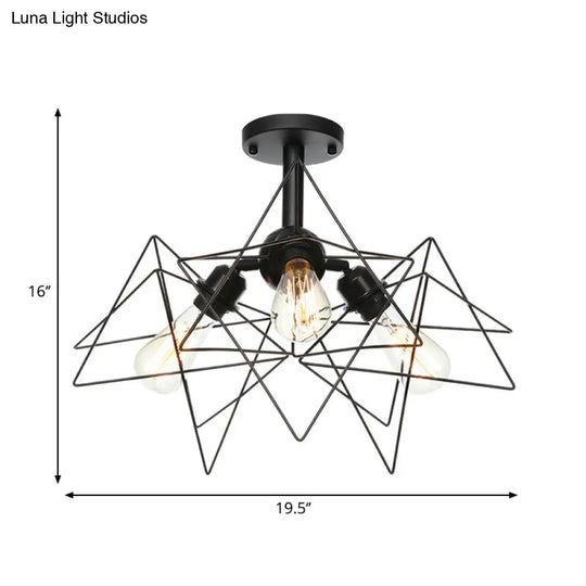 Semi Flush Industrial Black Ceiling Lighting For Living Room - 3 Heads With Wire Cage Metal Shade