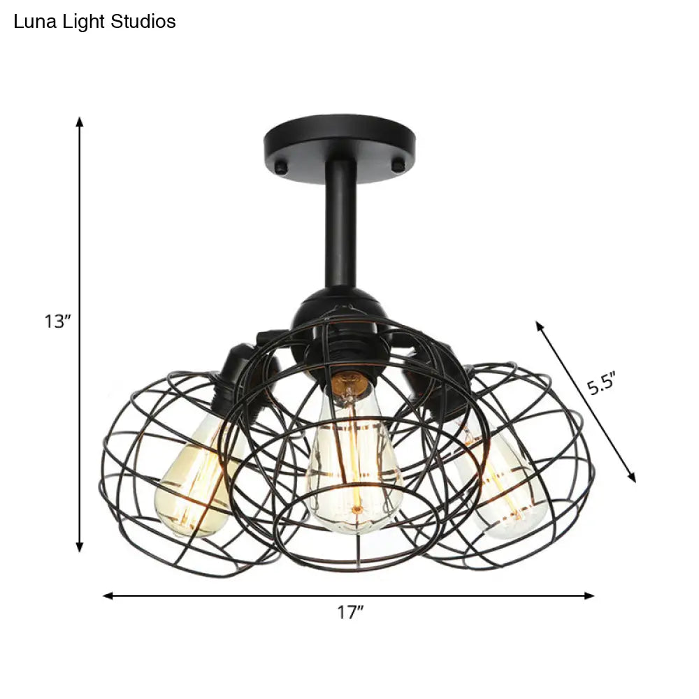 Semi Flush Industrial Black Ceiling Lighting For Living Room - 3 Heads With Wire Cage Metal Shade