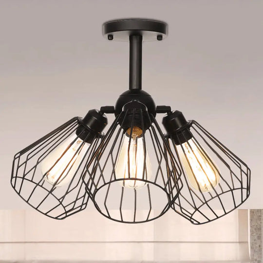 Semi Flush Industrial Black Ceiling Lighting For Living Room - 3 Heads With Wire Cage Metal Shade /