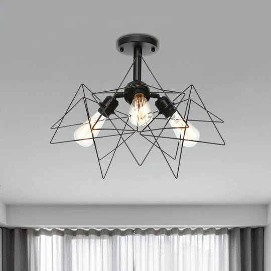 Semi Flush Industrial Black Ceiling Lighting For Living Room - 3 Heads With Wire Cage Metal Shade /