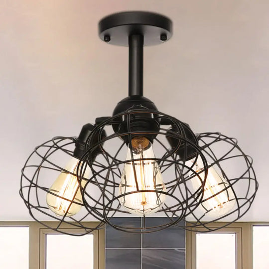 Semi Flush Industrial Black Ceiling Lighting For Living Room - 3 Heads With Wire Cage Metal Shade /