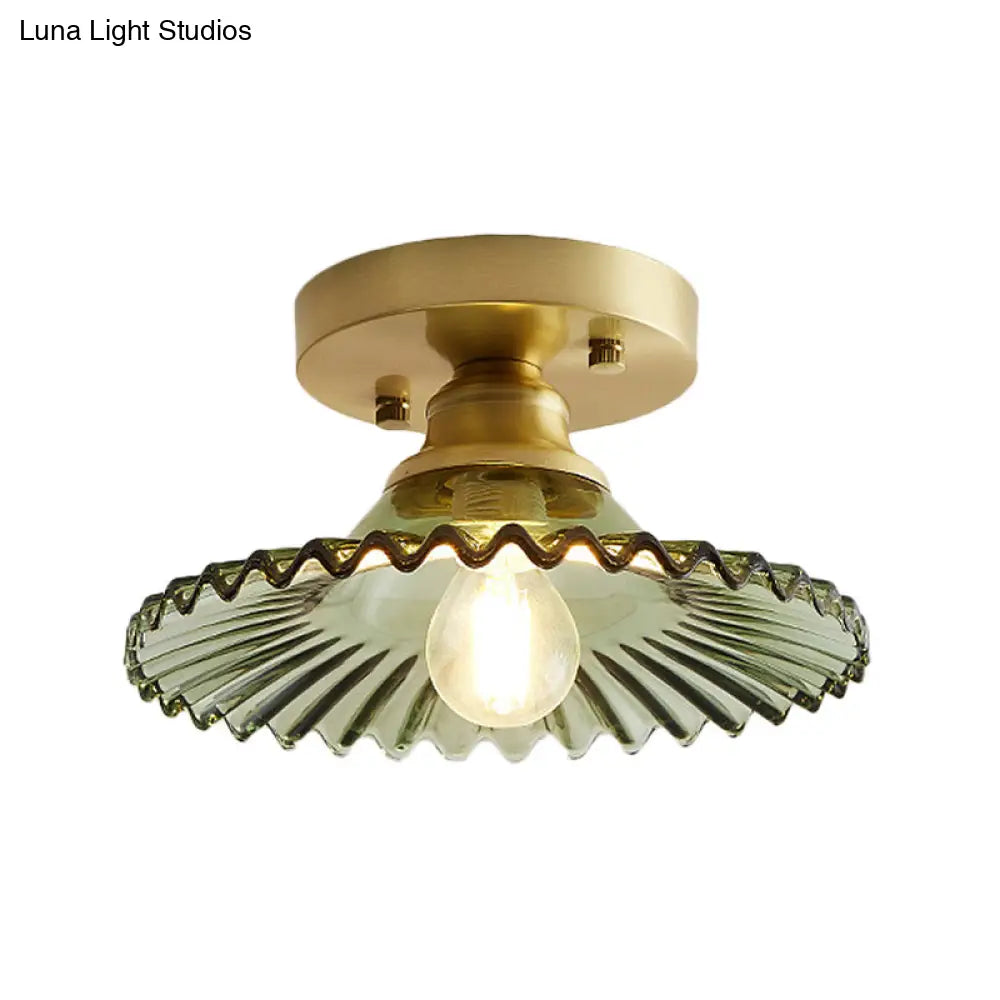 Semi-Flush Industrial Ceiling Mount: 1-Light Flared Clear/Green Ribbed Glass For Living Room