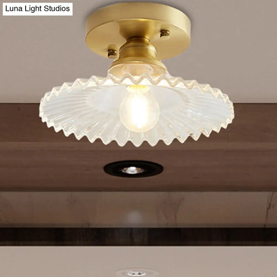 Semi-Flush Industrial Ceiling Mount: 1-Light Flared Clear/Green Ribbed Glass For Living Room