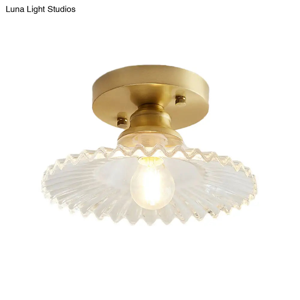 Semi-Flush Industrial Ceiling Mount: 1-Light Flared Clear/Green Ribbed Glass For Living Room