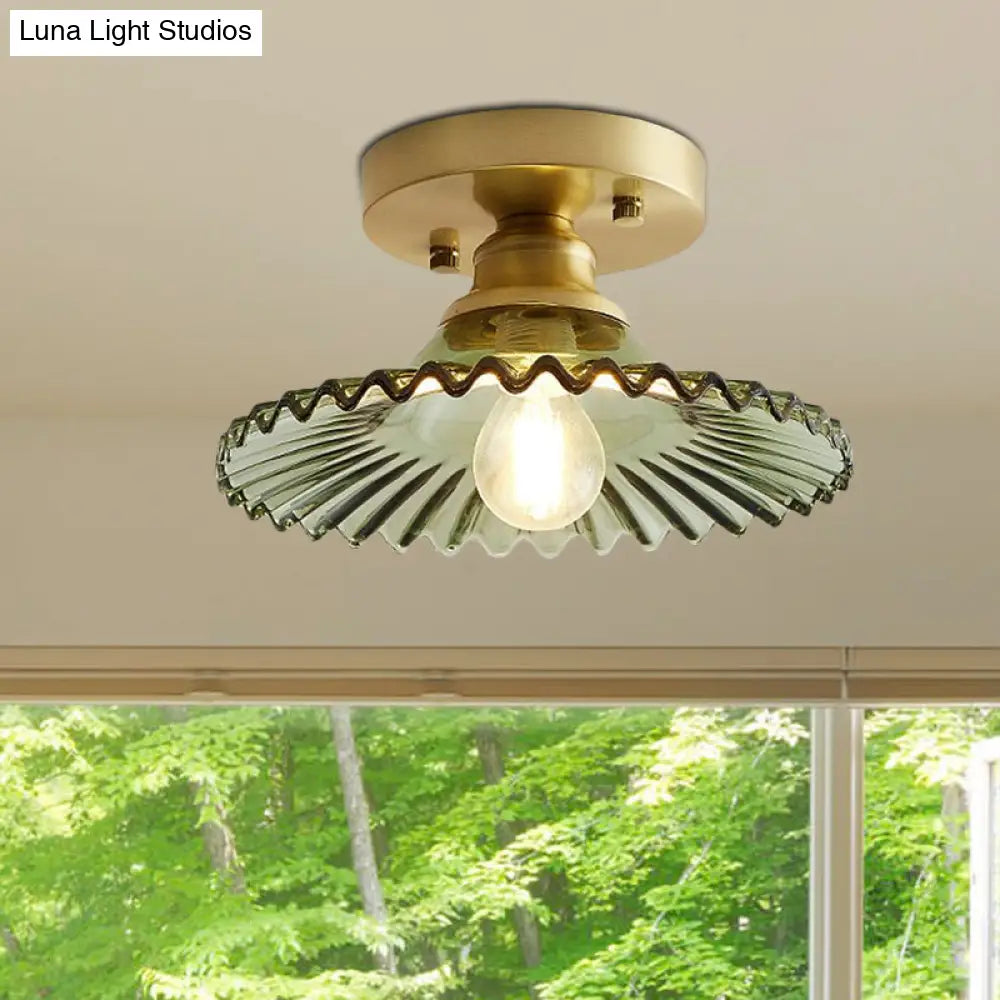 Semi-Flush Industrial Ceiling Mount: 1-Light Flared Clear/Green Ribbed Glass For Living Room