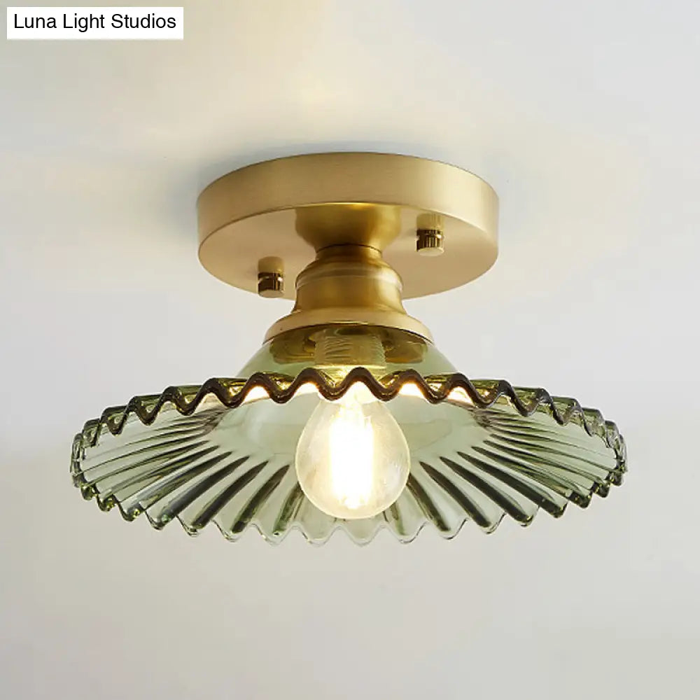 Semi-Flush Industrial Ceiling Mount: 1-Light Flared Clear/Green Ribbed Glass For Living Room